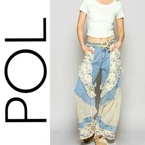 POL Patchwork Blue Floral Print Denim with Crochet Patches Wide Leg Size L NWOT